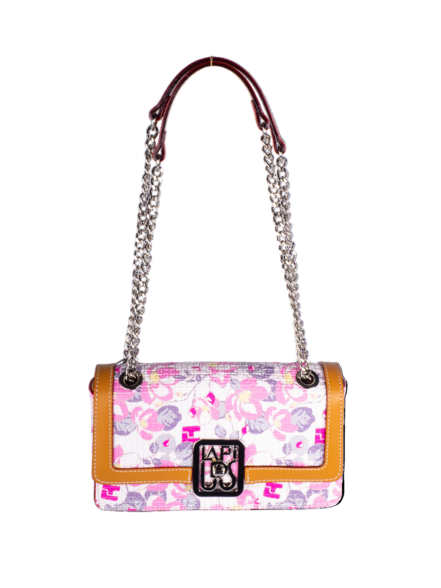 Sac porté main trotteur fidelio de Ted Lapidus à motif floral rose. Bandoulière ajustable et sac renforcé avec du cuir