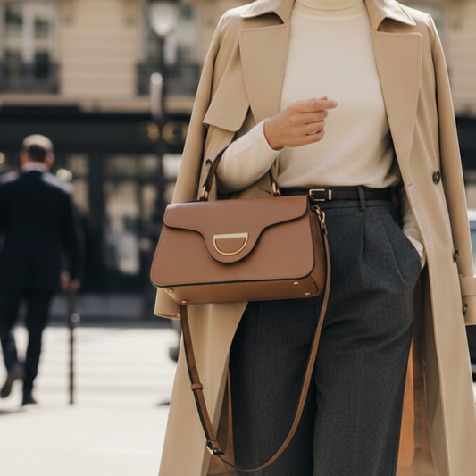 une femme qui porte un Sac porté main angelina en cuir marron noisette Ted Lapidus