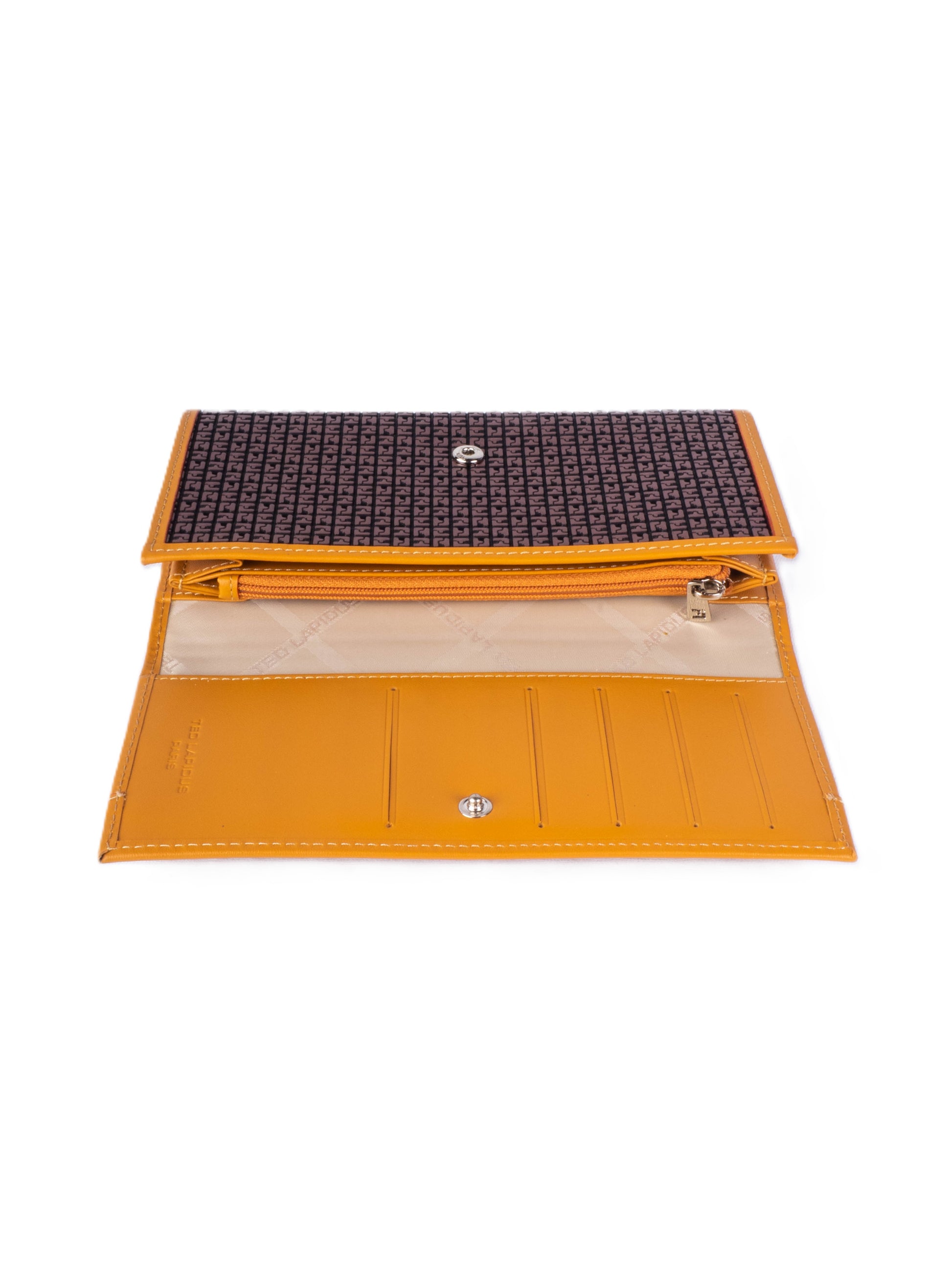 portefeuille en cuir marron ted lapidus fidelio ouvert, 5 emplacements de cartes et ses compartiments et fermeture bouton