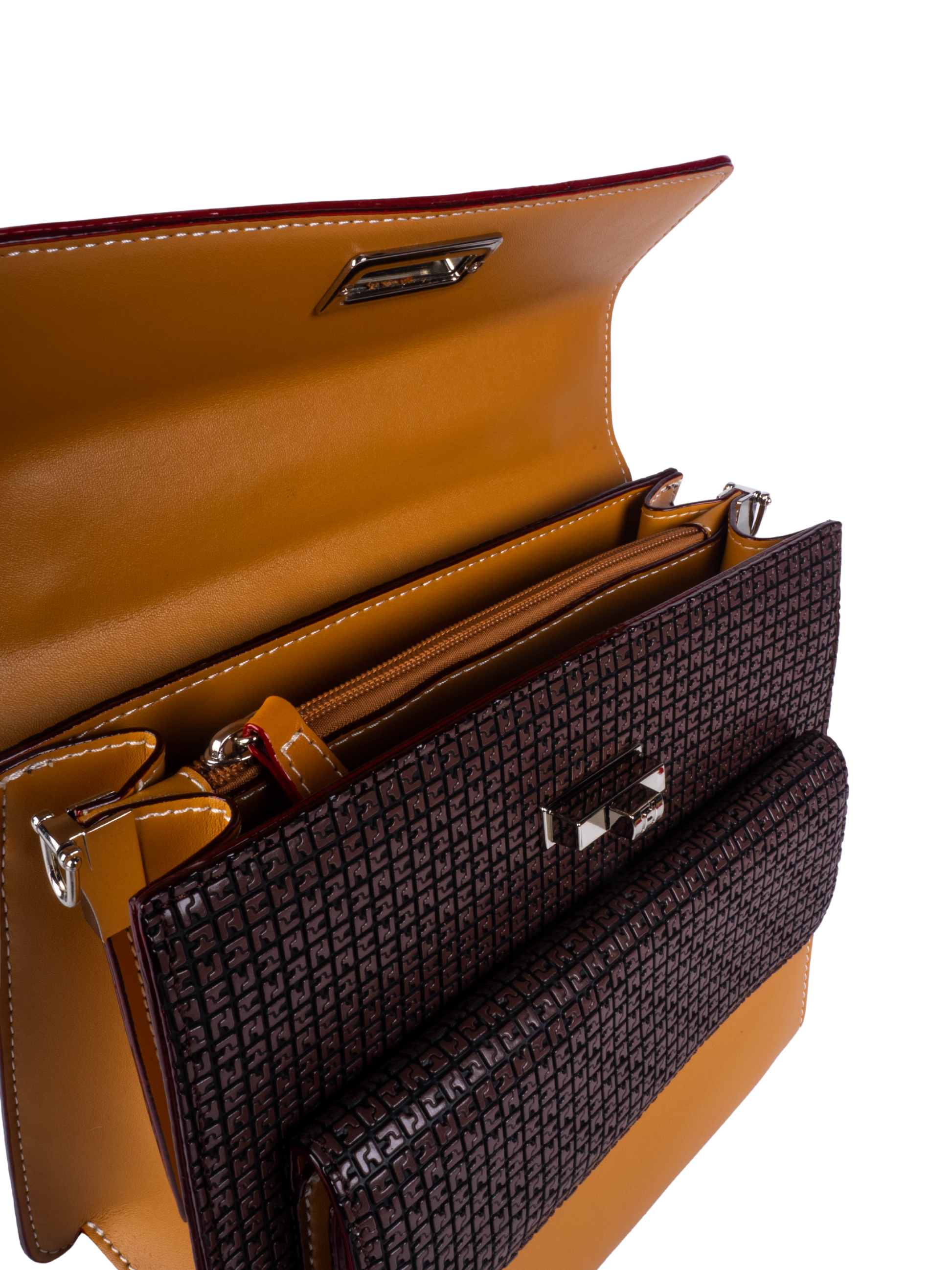 Petit sac cartable Ted Lapidus Fidelio marron, vue de l'intérieur avec compartiments