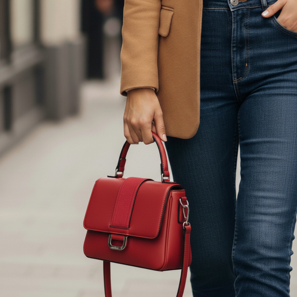 une femme dans la rue avec un Petit sac à main rouge Danica ted lapidus avec une boucle en argent