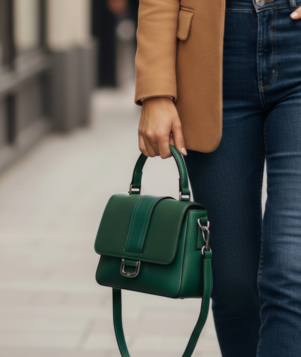 une femme dans la rue avec un Petit sac à main vert Danica ted lapidus avec une boucle en argent