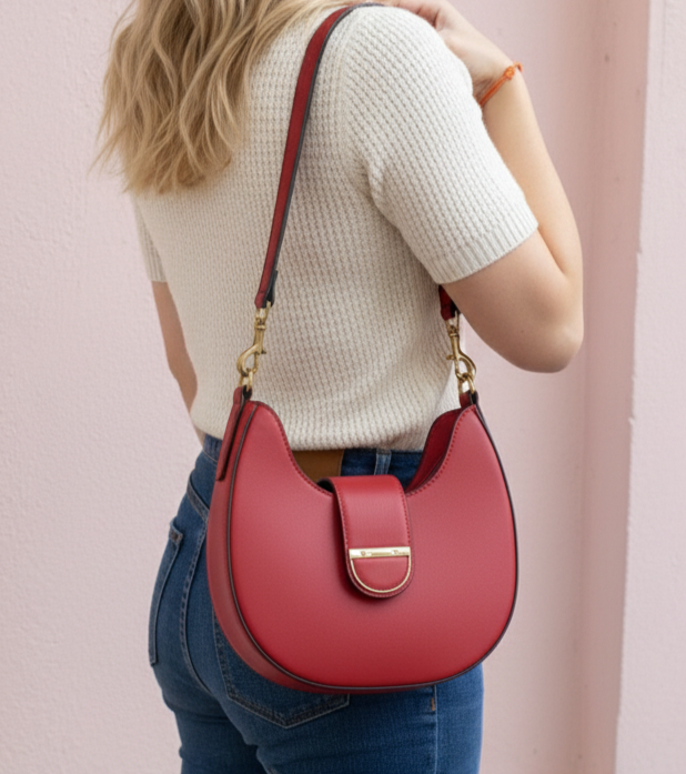 femme blonde qui porte un Sac angelina en cuir rouge Ted Lapidus pour femme
