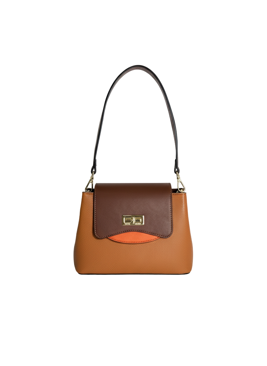 sac marron ted lapidus porté à l'épaule fermoir doré rotatif couleur camaîeu orange marron clair