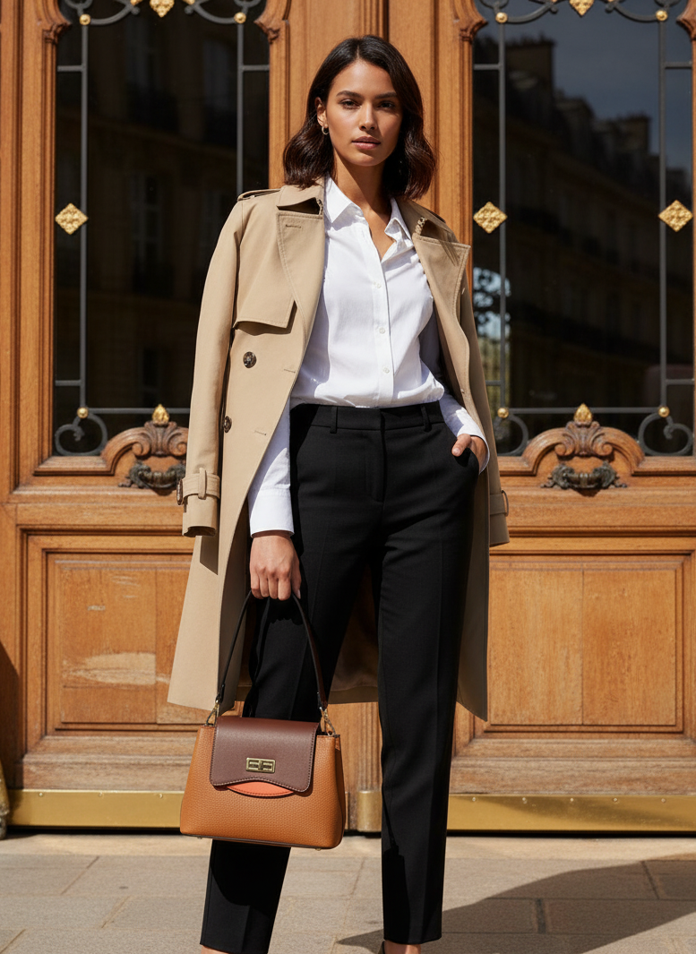 femme métisse qui porte un sac à main marron ted lapidus 