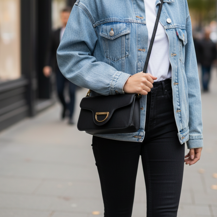 une femme dans la rue avec un Petit sac noir angelina ted lapidus avec une boucle dorée