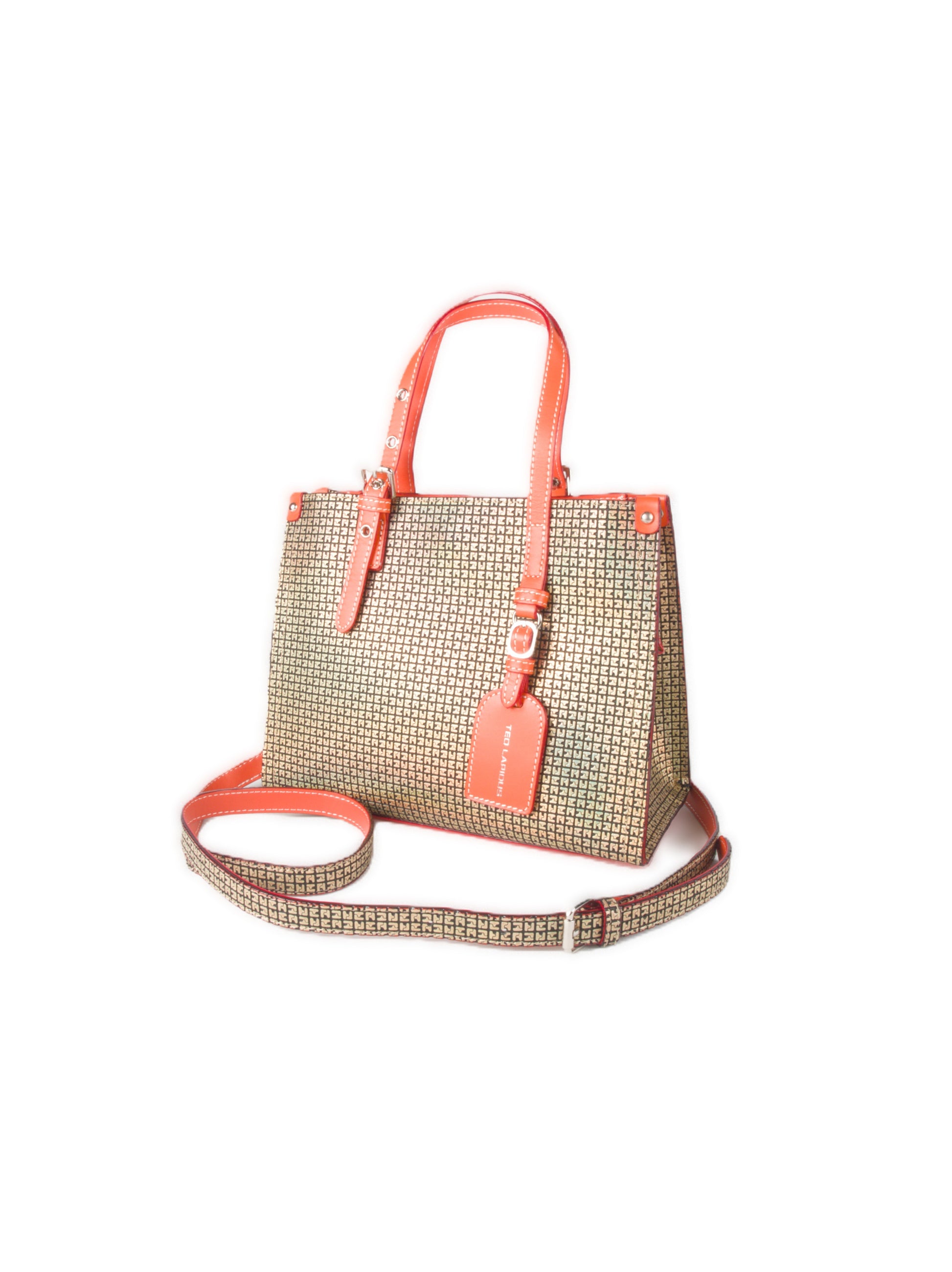 Mini Cabas Ted Lapidus Fidelio en Cuir et Vinyle doré irisé, poignées orange et bandoulière