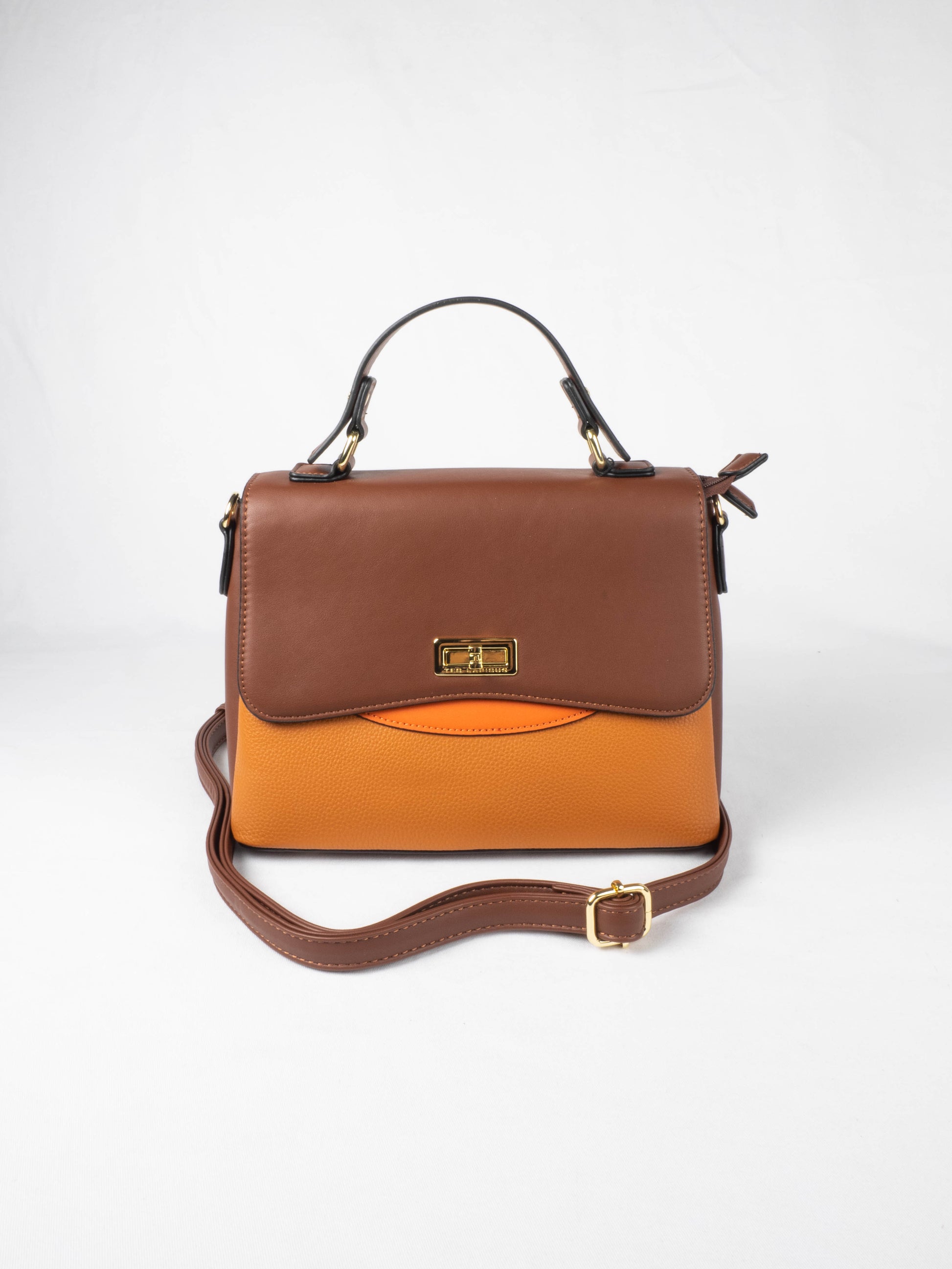 Sac à main Ted lapidus Venissia gold marron foncé et marron clair vue arrière avec sa bandoulière ajustable