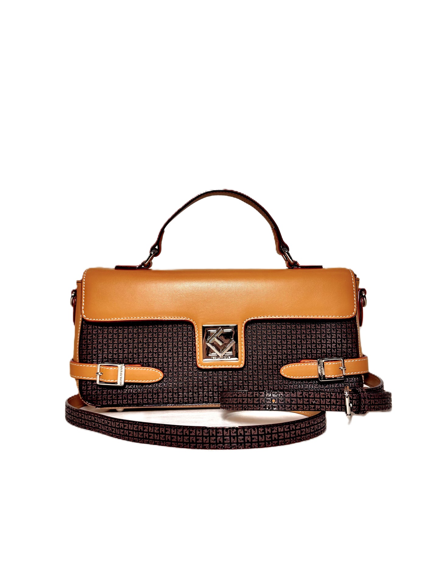 Petit sac cartable fidelio ted lapidus marron en cuir avec fermoire argenté rotatif avec bandoulière