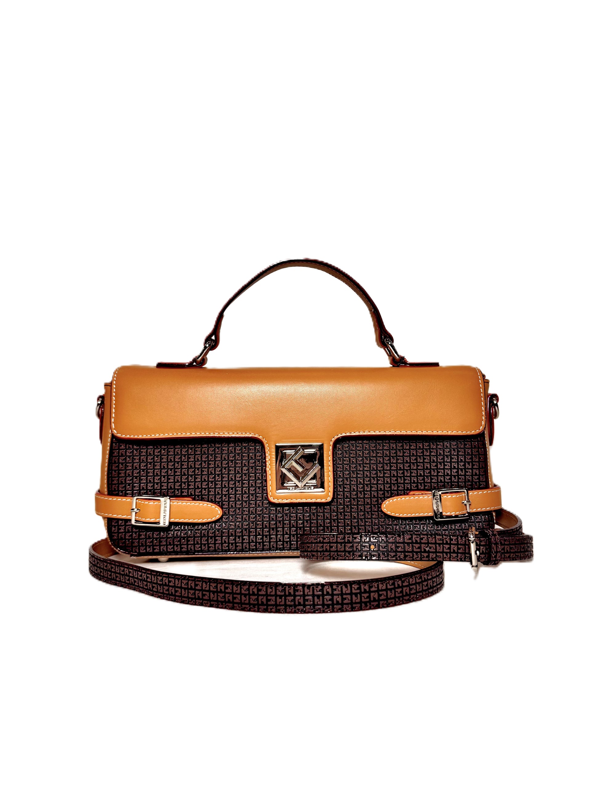 Petit sac cartable fidelio ted lapidus marron en cuir avec fermoire argenté rotatif avec bandoulière