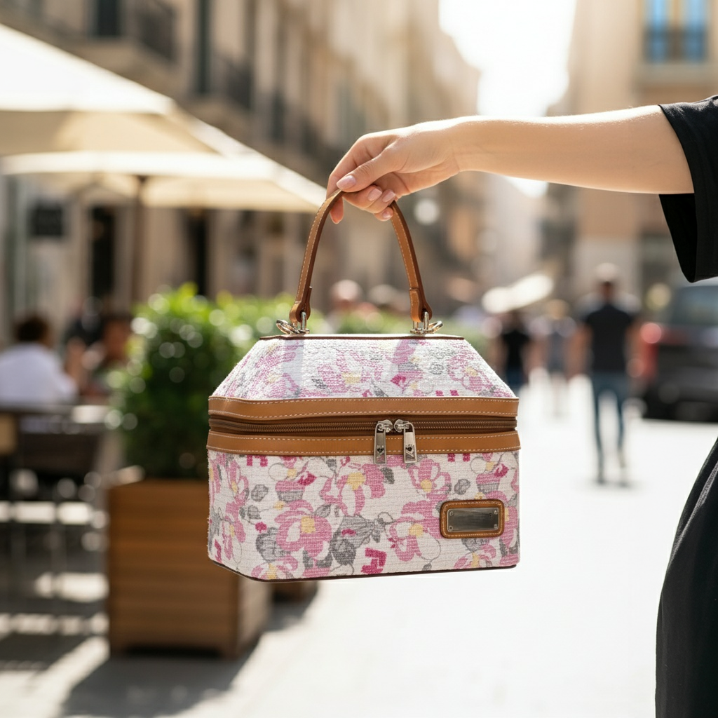 femme parisienne portant le sac à main Ted Lapidus Fidelio en cuir rose floral dans Paris